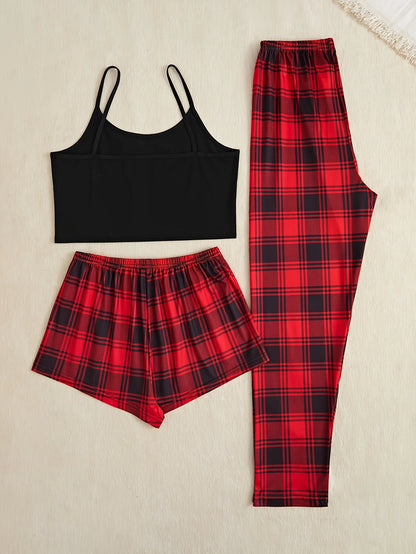 3Pcs Women's Pajama Set Camisole Shorts Trousers Three-Piece Bow Tie Home Wear Set Plaid Print Sleepwear for Women Christmas pjs