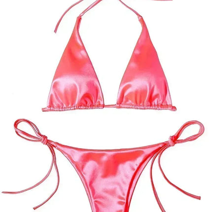Halter Brazilian Metallic Satin Bikini Women Swimwear Female Swimsuit Two-pieces Bikini Set High Cut Bathing Suit Swim Beachwear