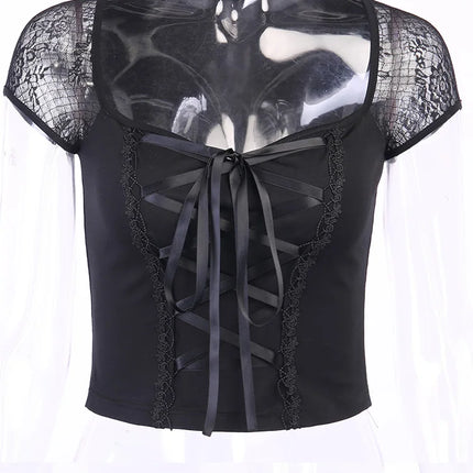 Women's Vintage Gothic T-shirt Bodycon Bandage Lace Black Mesh Top Sexy Casual Gothic Streetwear Female Top