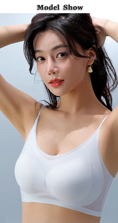 Ultra-thin Ice Silk Padded Bra Seamless Underwear Women's Thin Section  Sling Beautiful Back Vest Tops Big Chest Small Sleep Bra