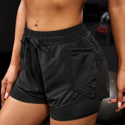 Women's Elastic Sports Shorts, Shorts With Pockets, Fake Two-Piece Yoga Leggings Running And Training