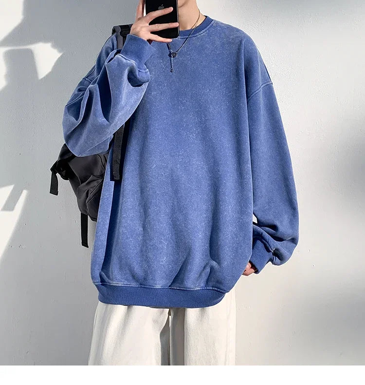 New Autumn Round Neck Washed  Men's Hoodie Sweatshirt  Couple Long Sleeve Loose Europe and America Street Boy Pullover Sweater