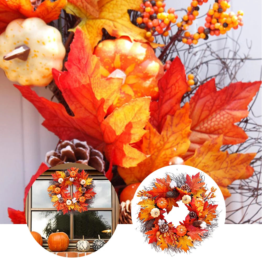 Autumnal Halloween Thanksgiving Maple Pumpkin Wreath Door Decorative