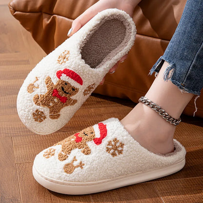 Christmas Elk Cotton Slippers For Women Men Winter Cute Cartoon Slippers Indoor Non Slip Couple Floor Slides Home Plush Shoes