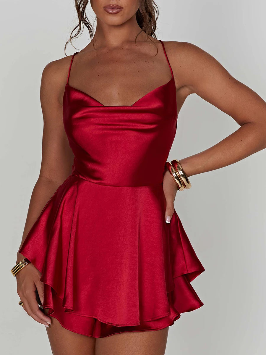 Women Sleeveless Satin Playsuits Fashion Summer Short Sling Backless Jumpsuits Cross Tie-Up Bandage Romper Streetwear Outfit