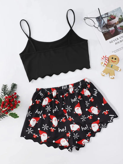 Women's 2pcs Cute Soft Comfy  Christmas Sexy Sleepwear  Santa Print Sleeveless  Cami Top & Shorts Homewear Pajama Set Loungewear