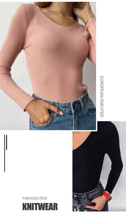 Women Solid Rib Knit V Neck Stripe Pull Sweater Autumn Femme Y2k Long Sleeve Pullover Jersey Tops Fashion Clothes