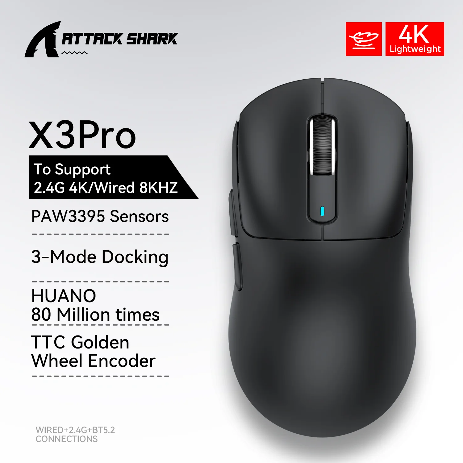 Attack Shark  X3Pro X3 Wireless Mouse Lightweight PAW3395 26000dpi Tri-Mode Connection Macro Gaming Mouse  for Win/Xbox/PS/Mac