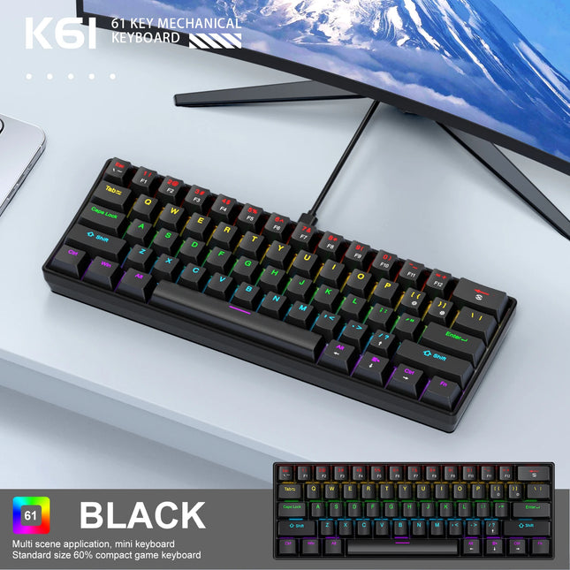 Mini Keyboard APAYADO K61 Mechanical Keyboard Wired,60% Portable 61 Keys RGB Black,White, Red/Blue Switch for Gaming