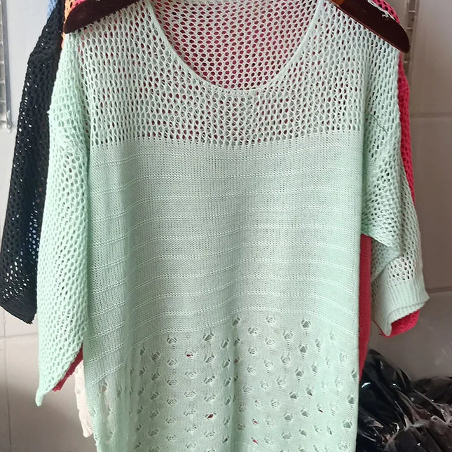 2022 new summer style loose cut out knitwear thin sun protection clothing women's round neck knitwear half-sleeved pullover