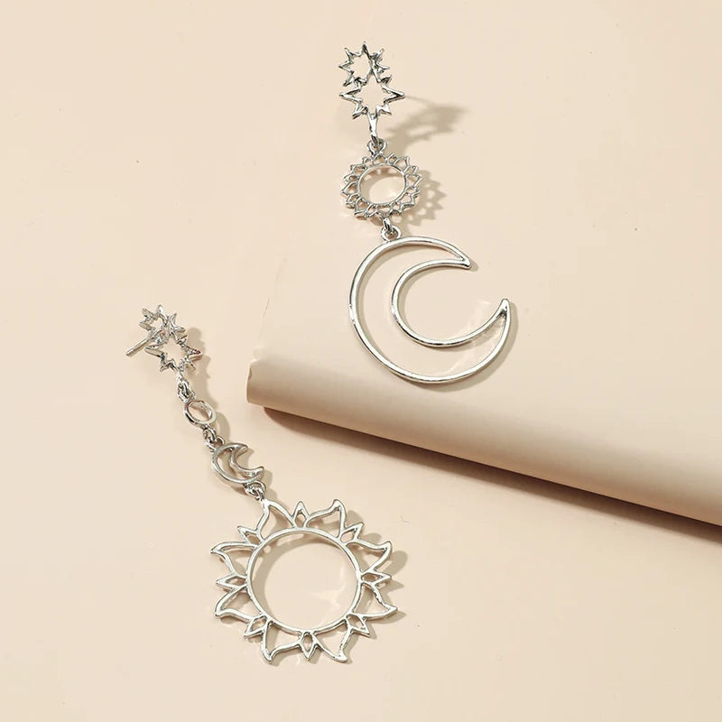 European and American Fashion Personality Ethnic Style Geometric Hollow Asymmetric Earrings Retro Cool Wind Sun Moon Earrings