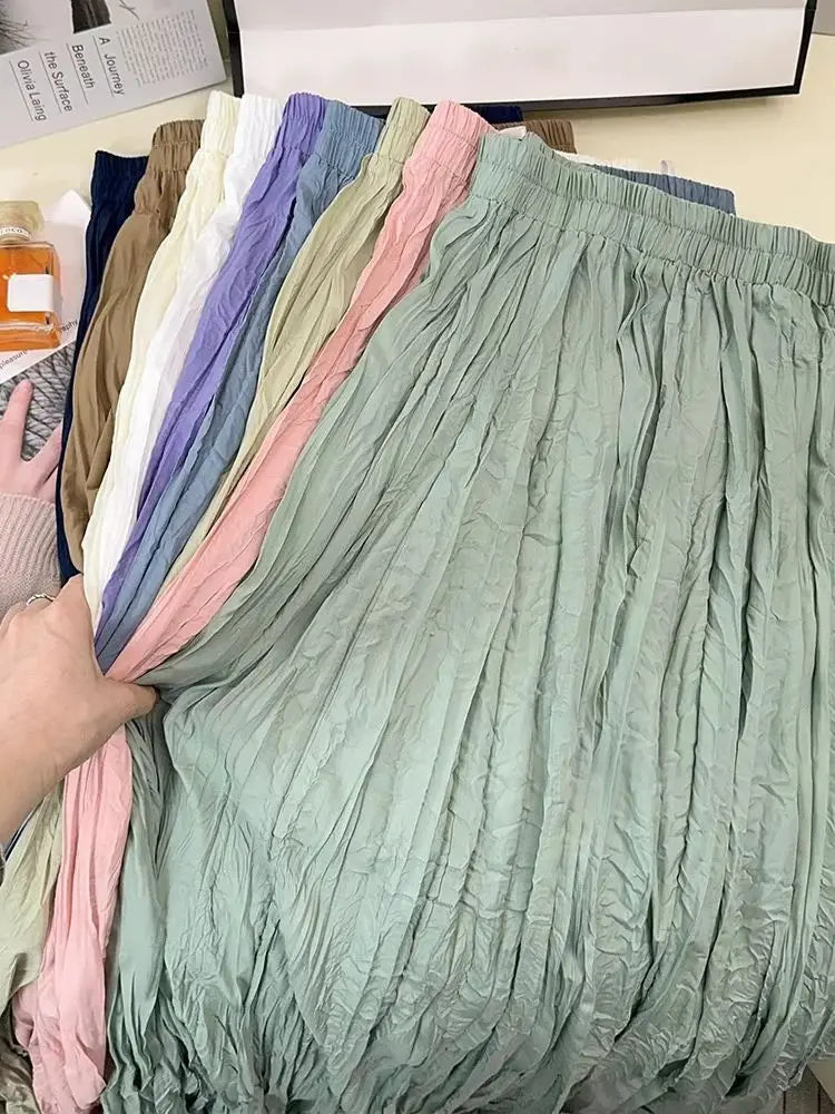Spring Summer Elastic Waist Skirts Women Wrinkled Soft Solid A Line Long Skirt With Linning