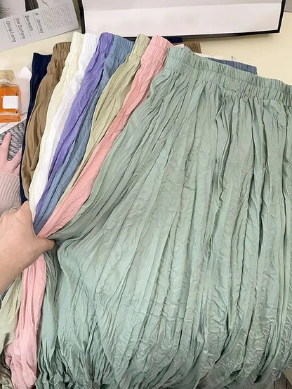 Spring Summer Elastic Waist Skirts Women Wrinkled Soft Solid A Line Long Skirt With Linning