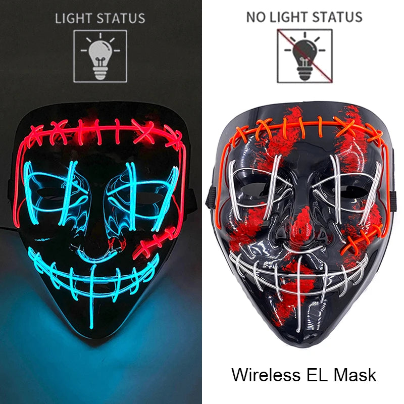 Wireless Neon LED Purge Mask Glow in The Dark Cosplay Horror Mask Halloween Masquerade Party Masks Glowing Funny Dress Up