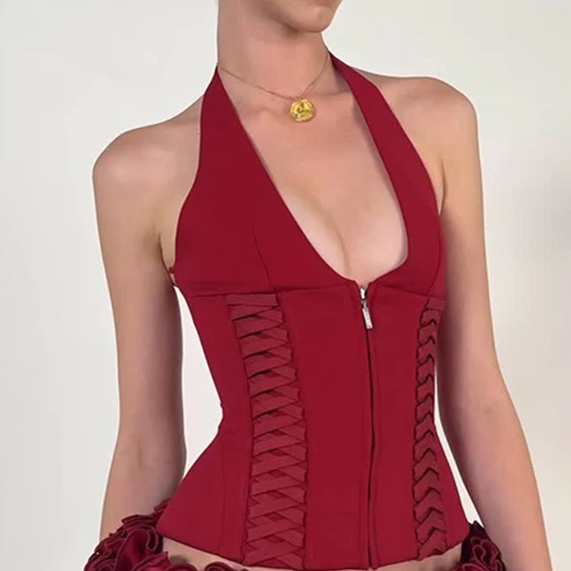 WhereMery Fashion Cross Tie Zipper Slim Women's Vest Sexy Off Shoulder Backless Sleeveless Halter Top Casual Summer Street Camis