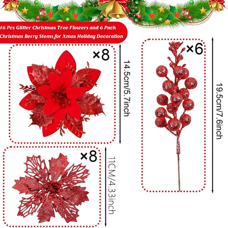 22Pcs Christmas Decoration Artificial Flowers Berry Bouquet Christmas Tree Ornament Home Decor New Year Navidad Gift Accessories