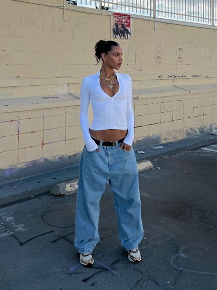 Huhugirl Summer Sexy Club Tees Zipper Tshirts Women Solid Tops Fashion Long Sleeveless V-Neck Streetwear Mini Slim Tops Blusas