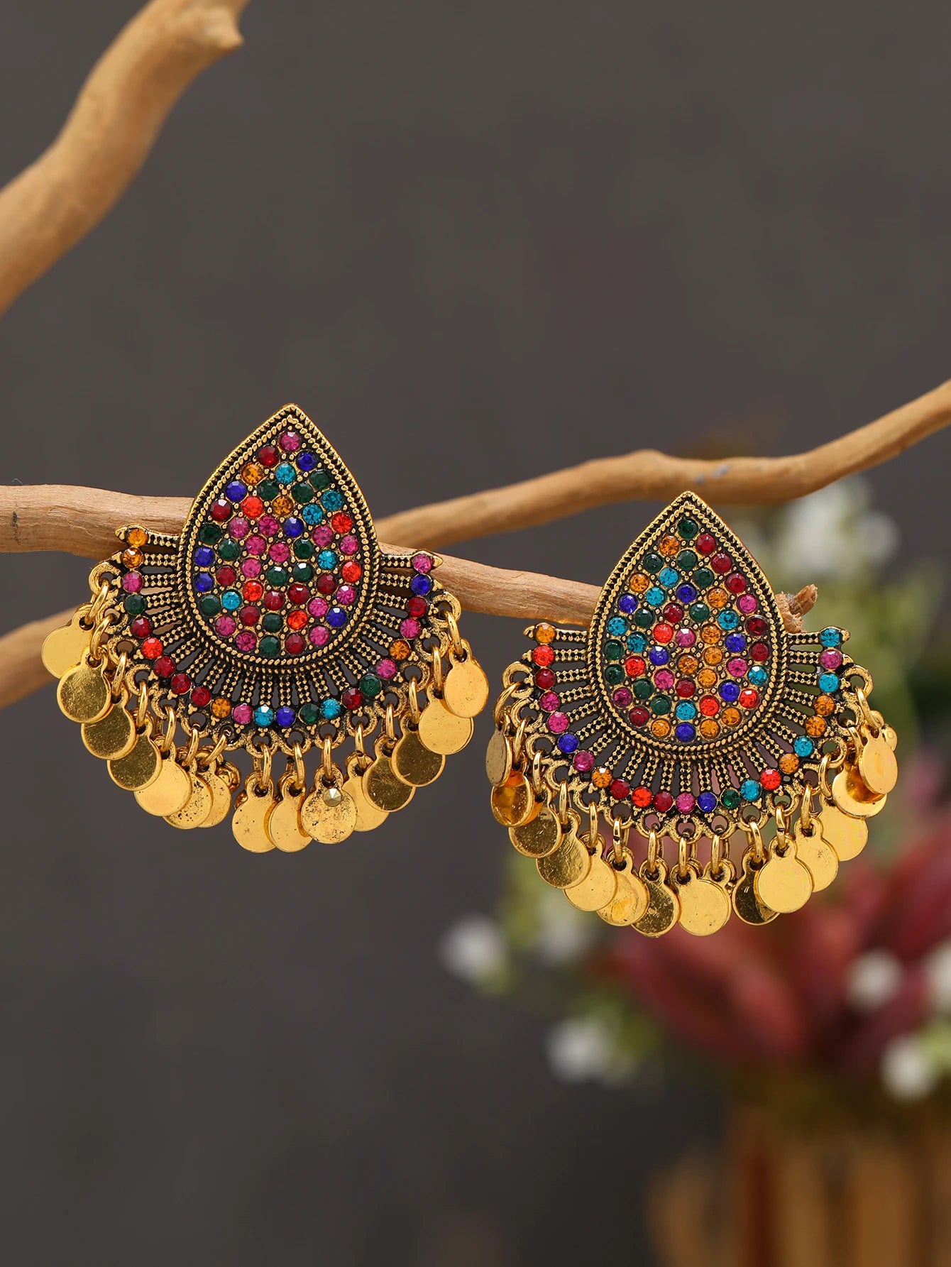 Vintage Indian Feng Shui Droplets Full of Diamonds, Colorful Tassel Round Plate Ball Earrings