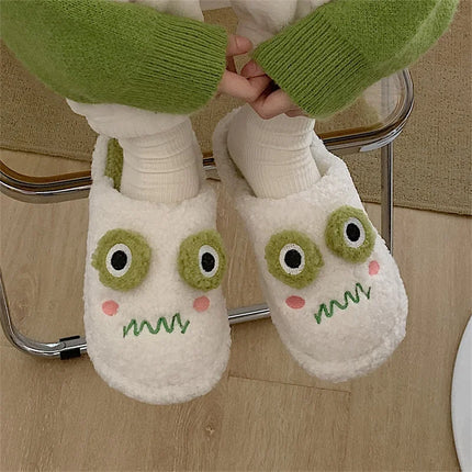 Women Faux Fur Slippers Cute Cartoon Frog Home Slipper Women Men Winter Warm Shoes Soft Plush Lovers Indoor House Floor Slides