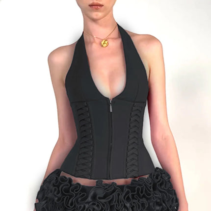 WhereMery Fashion Cross Tie Zipper Slim Women's Vest Sexy Off Shoulder Backless Sleeveless Halter Top Casual Summer Street Camis