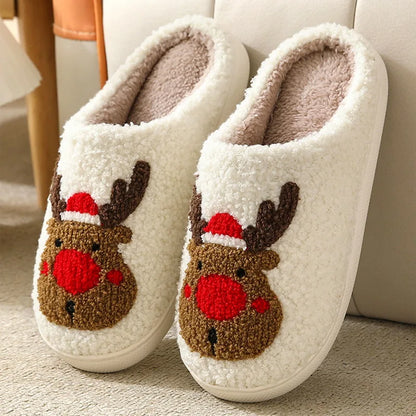 Christmas Elk Cotton Slippers For Women Men Winter Cute Cartoon Slippers Indoor Non Slip Couple Floor Slides Home Plush Shoes