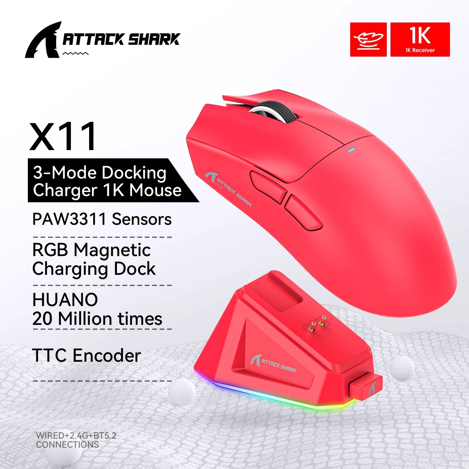 Attack Shark X11 Tri-Mode Connection 2.4GHz/Wired/Bluetooth PAW3311 22K000DPI 400IPS RGB  PC Gaming Mouse