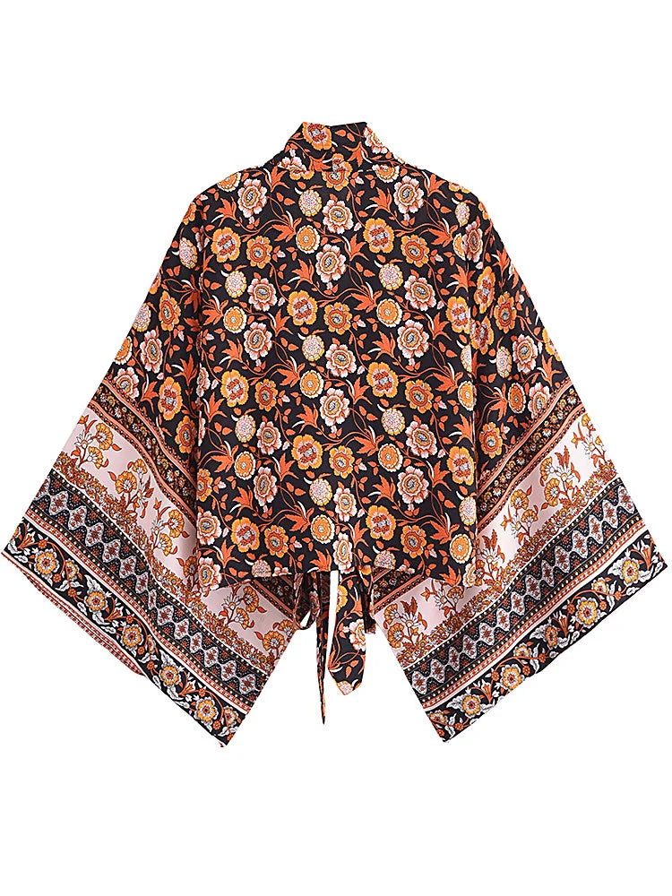 Boho Vintage Floral Print Beach Summer Short Kimono Women Fashion Ladies Casual V Neck Batwing Sleeves Bohemian Cover-ups