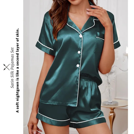 Womens Satin Pajamas Set Luxurious Short Sleeve Turn-down collar Button Top & Shorts Sleepwear & Loungewear for Summer Nightwear