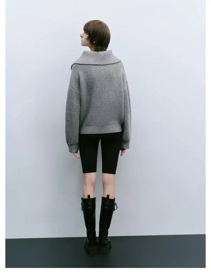 Women's Winter Sweaters Solid Grey Ladies Turtleneck Casual Loose Thick Zippers Pullovers Beautiful Oversized Sweater Women