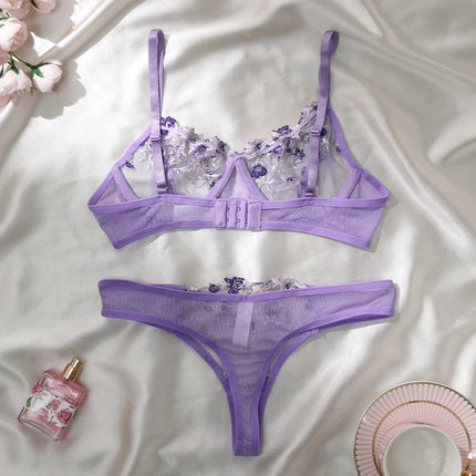 Women Floral Embroidory Underwear Set Sexy Lace Erotic Lingerie Female Bra And Brief Transparent Sensual Push Up Panty Patchwork