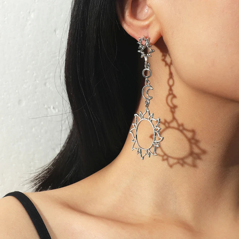 European and American Fashion Personality Ethnic Style Geometric Hollow Asymmetric Earrings Retro Cool Wind Sun Moon Earrings