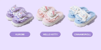 Sanrio Kawaii Cinnamoroll Womens Slippers Kuromi Hello Kitty Plush Cartoon Cute Sweet Suitable Indoor Outdoor Winter Shoes