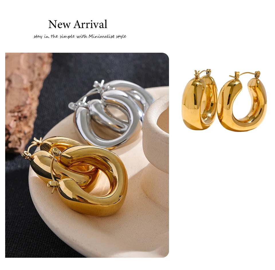 Yhpup High Quality Stainless Steel Round Geometric Chunky Hoops Earrings for Women Charm Metal Simple Fashion Jewelry Waterproof