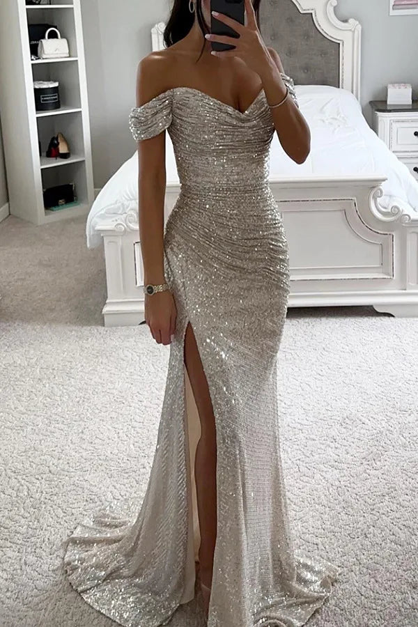 Women's S-XL Size New Party Sequins One line Neck Split Dress INS Casual Versatile Fashionable Charming Slimming Dress for Women