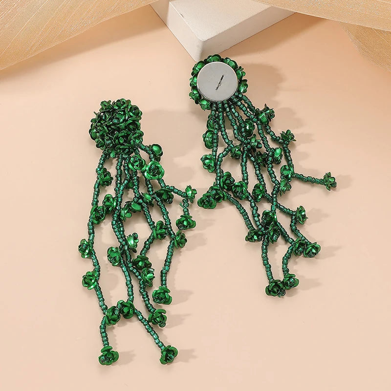 INS Japan and South Korea's popular floral tassels, silver needles, long rice bead earrings, earrings, accessories, commuting tr