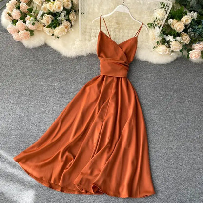 Women Sexy Beach Long Dress Summer V-neck Elegant White Evening Party Dressesladies Backless Bandage Satin Dress Vestidos