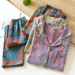 Japanese Spring and Autumn New Women's Pajama Set 100% Cotton Vintage Long Sleeved Pants Two Piece Set for Home Furnishings