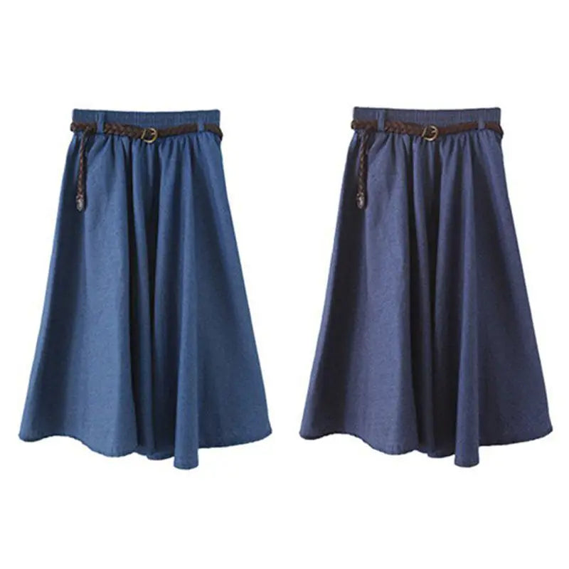 Women Skirt Sweet Vintage Literary Style Elastic High Waist Solid Color Wild A-Line Denim Long Paragraph