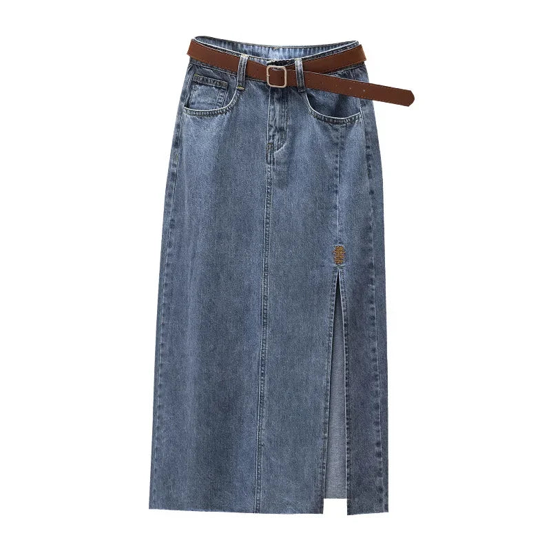 Clearance Sale: High-Waisted Embroidered Denim Skirt Women's Summer A- Line Side Slit Specialty Store Clothing
