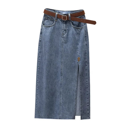Clearance Sale: High-Waisted Embroidered Denim Skirt Women's Summer A- Line Side Slit Specialty Store Clothing