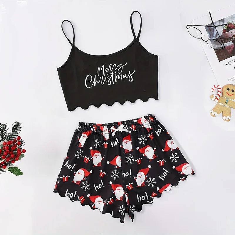 New Women's Christmas Pajama Set Thin Suspender Top with Santa Claus Printed Shorts Casual Homewear Suspender Shorts