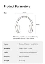 Baseus Bass 30 Max Wireless Headset Bluetooth 5.3 Over Headphones Bass-Enhancing 40mm Diaphragm Ultra Low Latency Earphones 50H