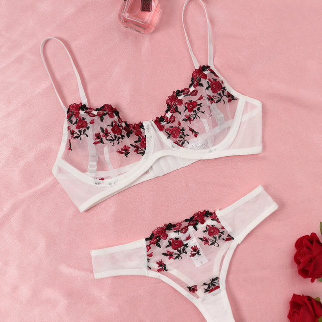 Sexy Lace Lingerie Push Up Lingerie Semi-Sheer Bra And Panty Sets Women Gathering Chest Underwear Flower Embroidery Bralette Set