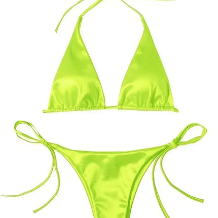 Halter Brazilian Metallic Satin Bikini Women Swimwear Female Swimsuit Two-pieces Bikini Set High Cut Bathing Suit Swim Beachwear