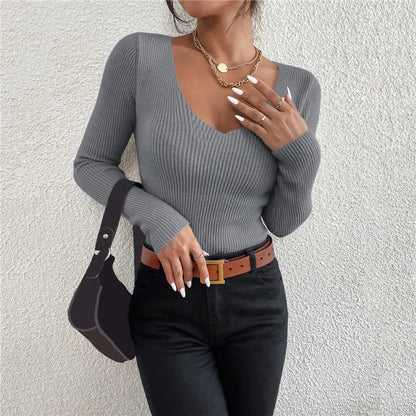 Women Solid Rib Knit V Neck Stripe Pull Sweater Autumn Femme Y2k Long Sleeve Pullover Jersey Tops Fashion Clothes