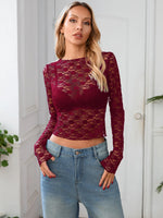 Dulzura Long Sleeves See Through Lace Crop Top Solid Sexy Bodycon T-Shirt For Women Party Club Spring Summer Clothes