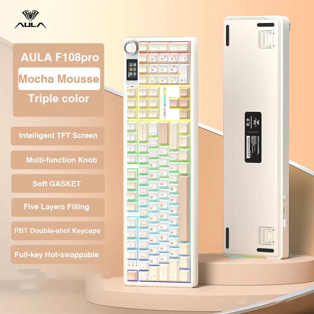 AULA F108 pro Wireless Bluetooth Keyboard Macro Gaming keyboard Gasket Hot-swap Full Size Keyboard with TFT Smart Display