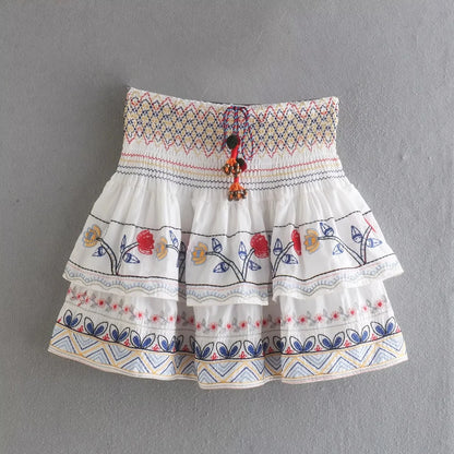 Batwing Sleeve Women Autumn Embriodery Paisley Print Skirt Set Outfits V Neck Button Tiered Mini Skirt Dress Suit Vintage Set