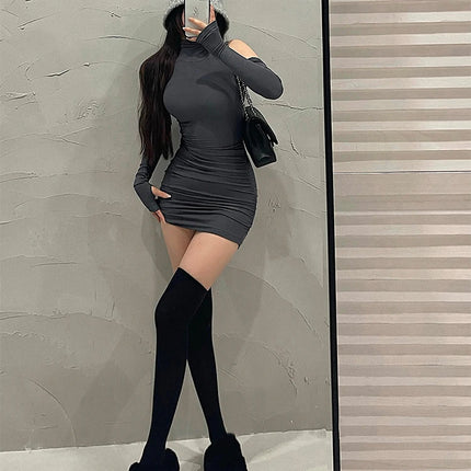 Summer Sexy High Neck Tight Dress Oversleeve Pleated Bottom Wrapped Hip Dress Women Bodycon
