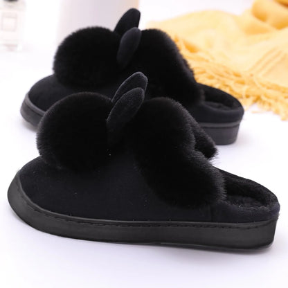 Winter Warm Home Fur Slippers Womens Indoor Home Rabbit Shoe Furry Ears Footwear Indoor Bedroom Flat Heels Fluffy Slippers Shoes
